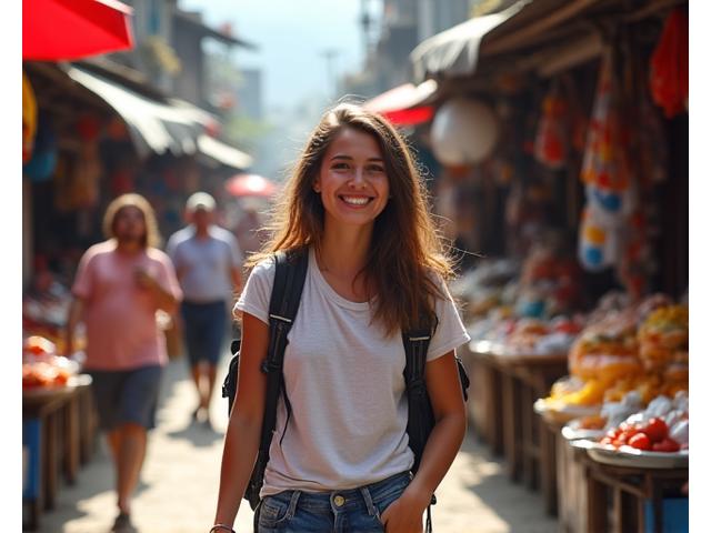 A young backpacker happily walking through a vibrant, bustling marketplace in Southeast Asia, demonstrating how to enjoy travel on a budget.