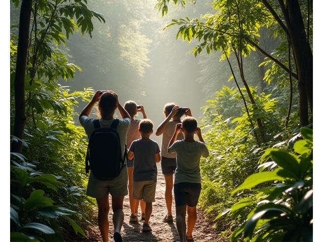 A group of responsible tourists hiking through a pristine rainforest, observing exotic birds while staying on designated paths, promoting eco-tourism.