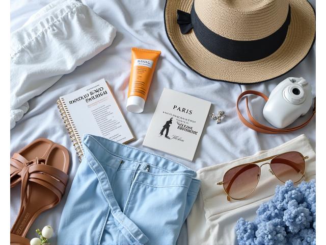 A diverse collection of neatly packed items for a summer trip to Europe, including light clothing, sunscreen, and a travel guide.