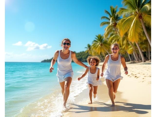 A joyous family (parents and two children) laughing and running on a sunny beach, with clear blue water and palm trees in the background.