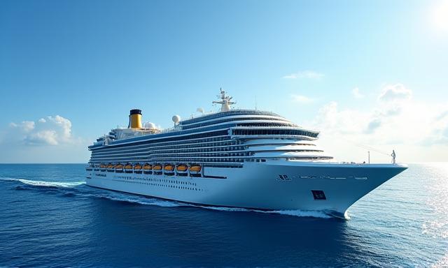 A large luxury cruise ship sailing on calm, blue Caribbean waters under a sunny sky.