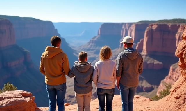 A family standing at a scenic overlook in the Grand Canyon, United States, enjoying the vast landscape.