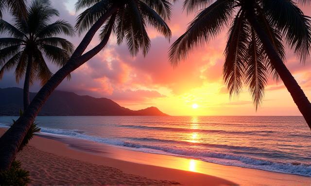 A beautiful Hawaiian beach at sunset with palm trees silhouetted against the vibrant sky, evoking relaxation.