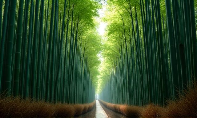 Towering bamboo stalks forming a dense forest path in Kyoto, Japan, representing a serene cultural experience.