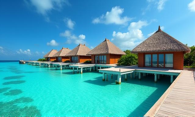 Overwater bungalows stretching out into crystal-clear turquoise waters in the Maldives, symbolizing luxury relaxation.