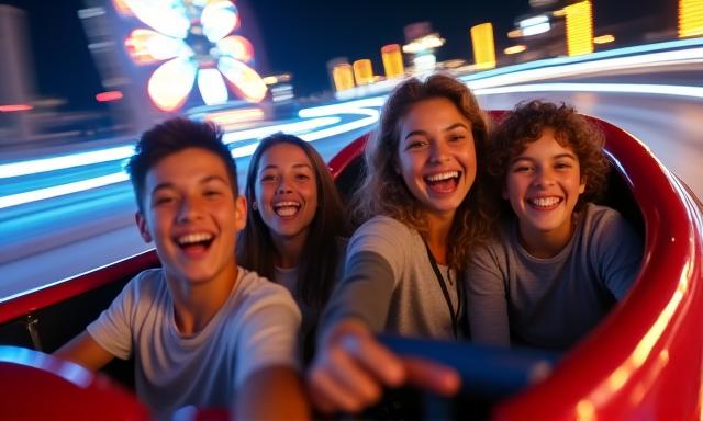 A family enjoying a theme park ride with blurred motion and bright lights in Orlando, Florida.