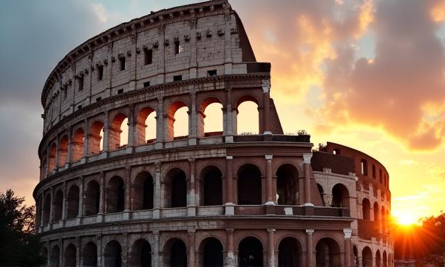The ancient Roman Colosseum at sunset, an iconic historic landmark in Rome, Italy.