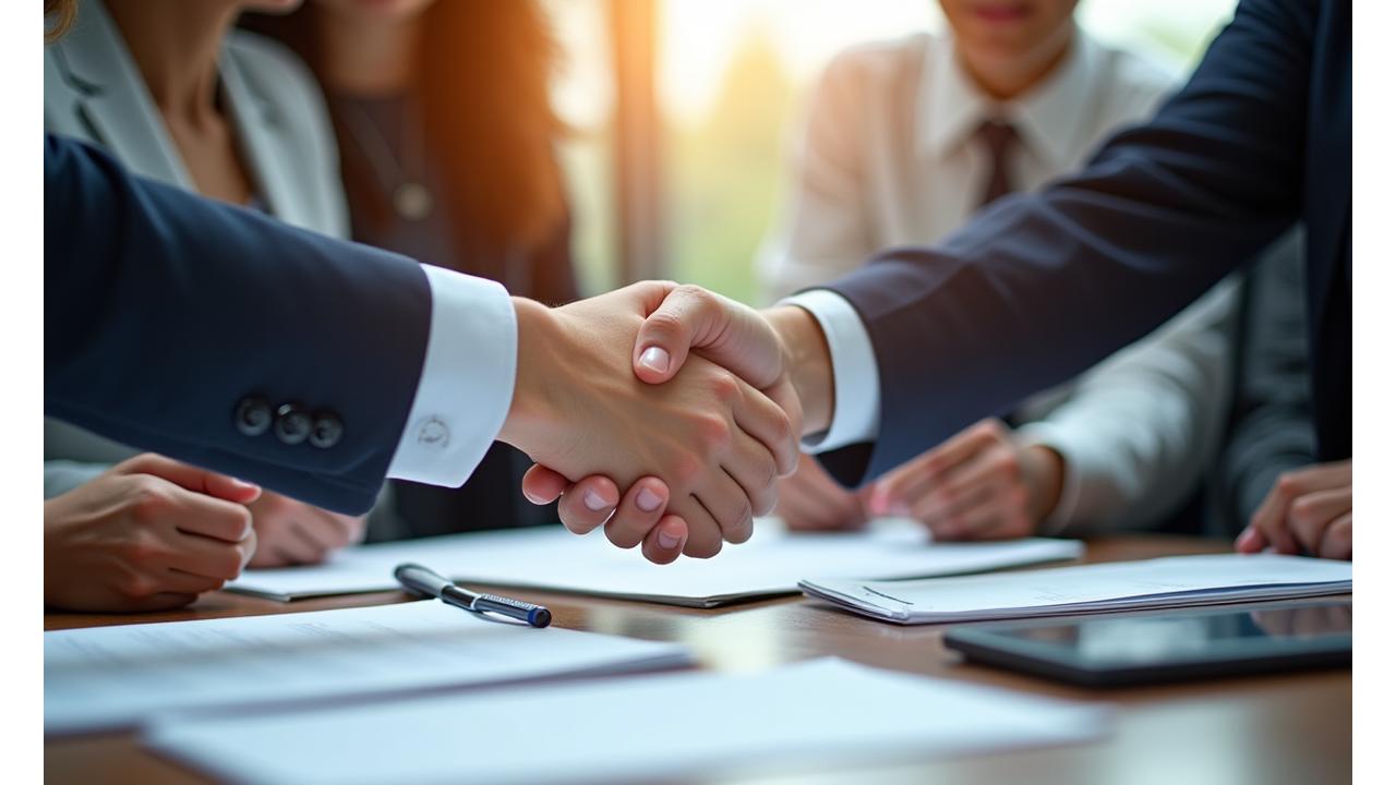 Team shaking hands agreeing to terms